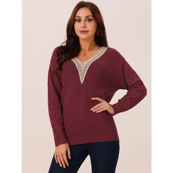 Long Sleeve Lace V Neck Knit Winter Drop Shoulder Pullover Sweater Tops Wine Red - Picture 3 of 5
